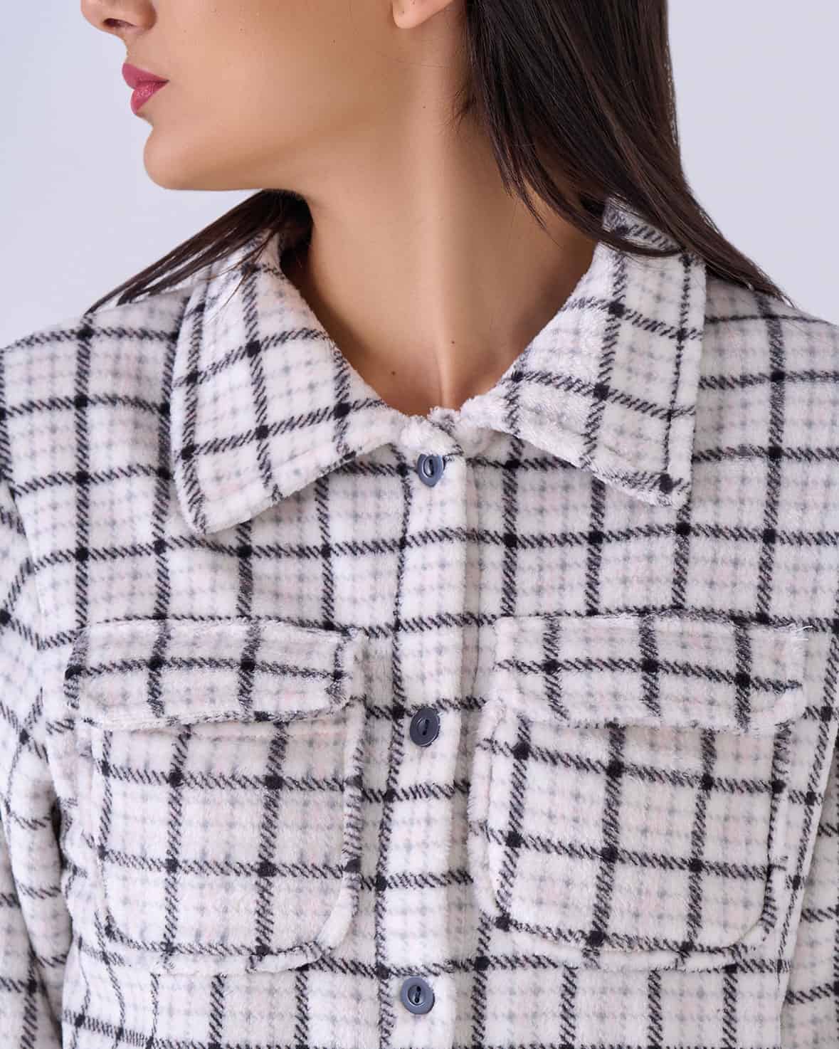 pigiama donna flannel fleece aperto davanti con bottoni dettagli